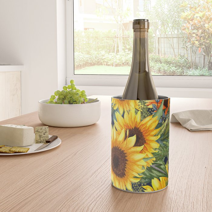 Festive, Sunflower, Yellow and Green on Navy Blue, Floral Prints Wine Chiller Gallery Image 4