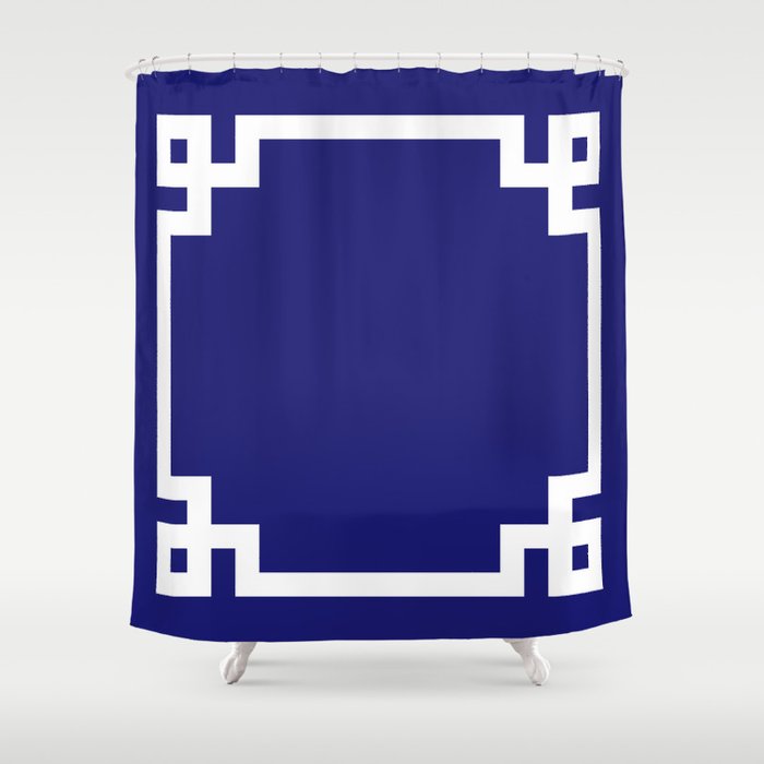 Midnight Blue and White Greek Key Border Shower Curtain Gallery Image 1