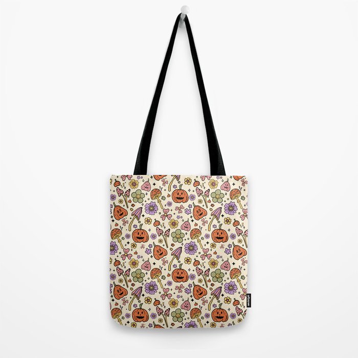 Whimsical Halloween Pattern Cute Pumpkins Mushrooms and Flowers in Pastel Autumn Colors Tote Bag Gallery Image 2