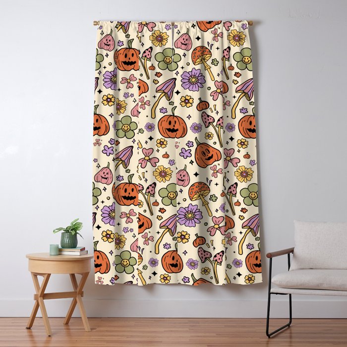 Whimsical Halloween Pattern Cute Pumpkins Mushrooms and Flowers in Pastel Autumn Colors Window Curtain Gallery Image 5