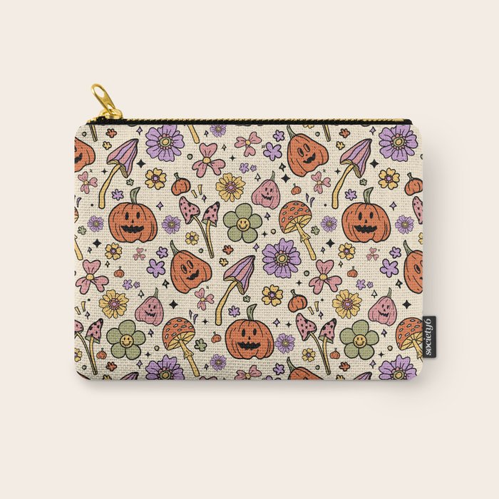 Whimsical Halloween Pattern Cute Pumpkins Mushrooms and Flowers in Pastel Autumn Colors Carry All Pouch Gallery Image 1
