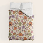 Whimsical Halloween Pattern Cute Pumpkins Mushrooms and Flowers in Pastel Autumn Colors Duvet Cover Gallery Image 6