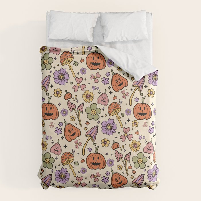 Whimsical Halloween Pattern Cute Pumpkins Mushrooms and Flowers in Pastel Autumn Colors Duvet Cover Gallery Image 6