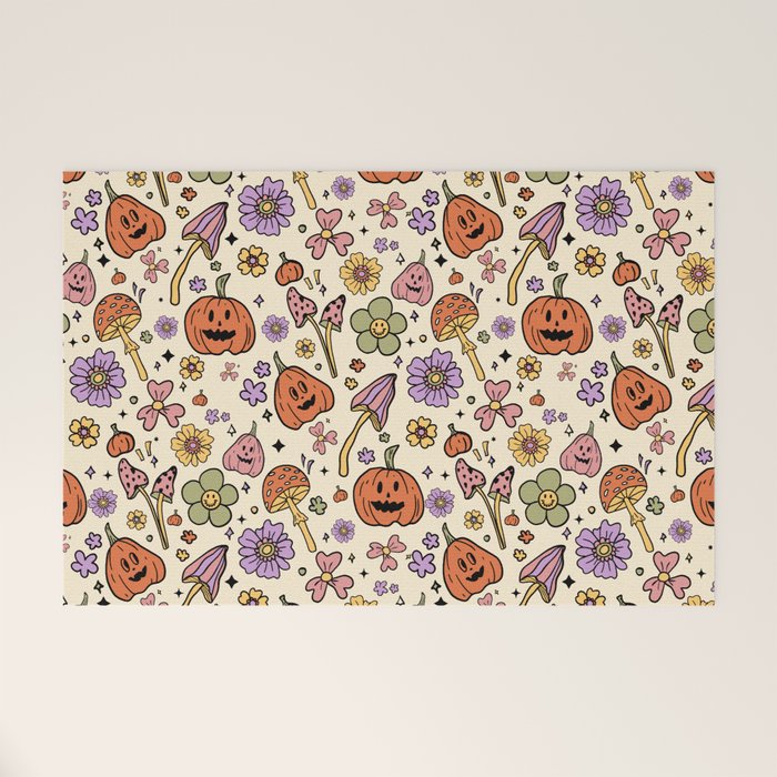 Whimsical Halloween Pattern Cute Pumpkins Mushrooms and Flowers in Pastel Autumn Colors Welcome Mat Gallery Image 1