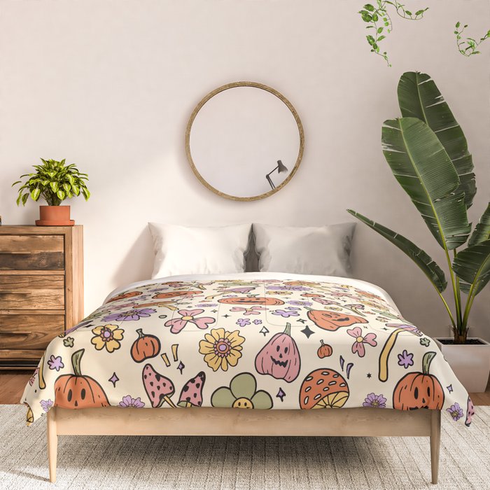 Whimsical Halloween Pattern Cute Pumpkins Mushrooms and Flowers in Pastel Autumn Colors Comforter Gallery Image 3