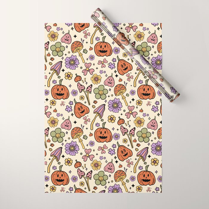 Whimsical Halloween Pattern Cute Pumpkins Mushrooms and Flowers in Pastel Autumn Colors Wrapping Paper Gallery Image 1