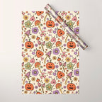 Whimsical Halloween Pattern Cute Pumpkins Mushrooms and Flowers in Pastel Autumn Colors Wrapping Paper Gallery Image 1
