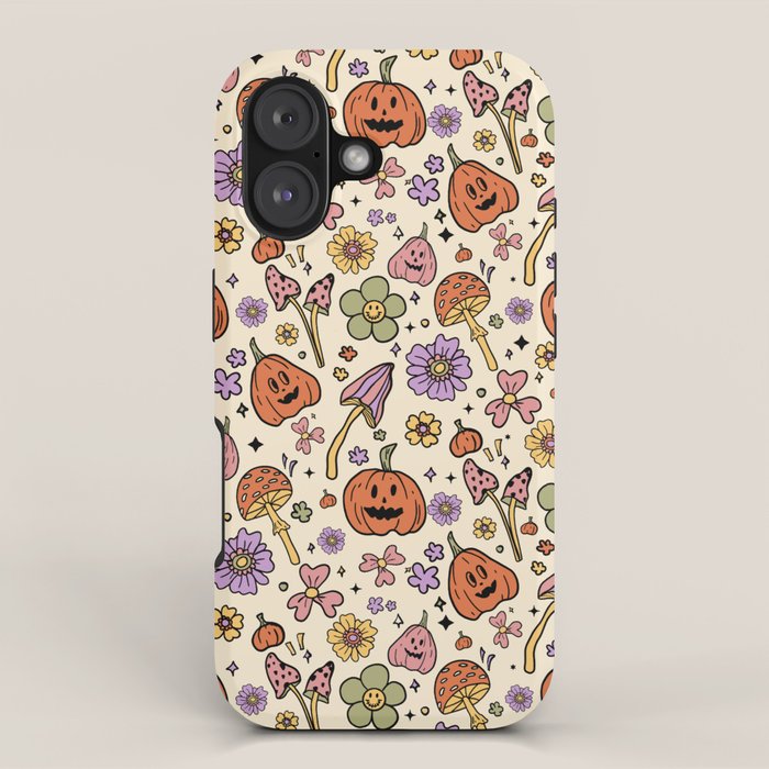 Whimsical Halloween Pattern Cute Pumpkins Mushrooms and Flowers in Pastel Autumn Colors iPhone Case Gallery Image 1