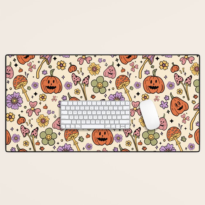 Whimsical Halloween Pattern Cute Pumpkins Mushrooms and Flowers in Pastel Autumn Colors Desk Mat Gallery Image 1