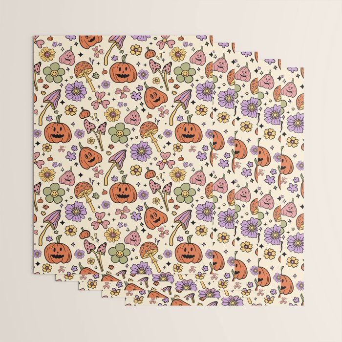 Whimsical Halloween Pattern Cute Pumpkins Mushrooms and Flowers in Pastel Autumn Colors Wrapping Paper Gallery Image 3
