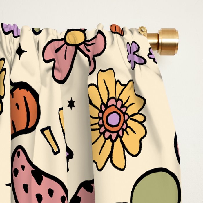 Whimsical Halloween Pattern Cute Pumpkins Mushrooms and Flowers in Pastel Autumn Colors Window Curtain Gallery Image 2