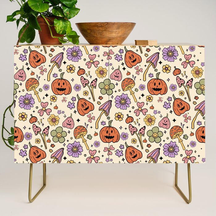 Whimsical Halloween Pattern Cute Pumpkins Mushrooms and Flowers in Pastel Autumn Colors Credenza Gallery Image 1