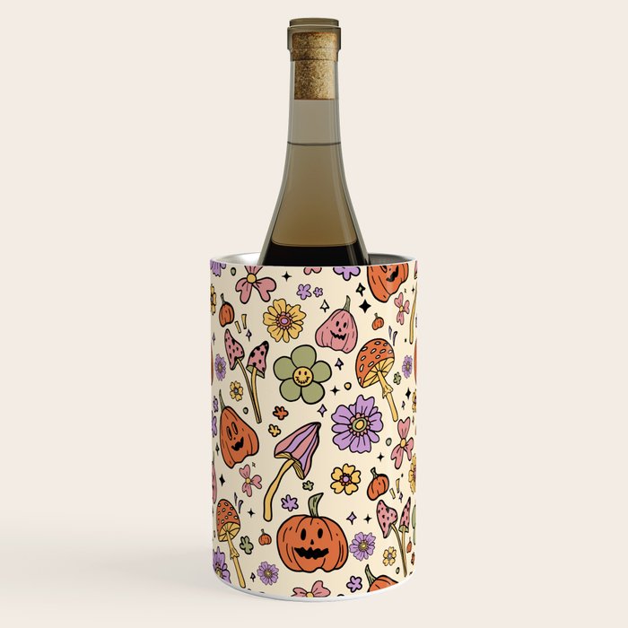 Whimsical Halloween Pattern Cute Pumpkins Mushrooms and Flowers in Pastel Autumn Colors Wine Chiller Gallery Image 1