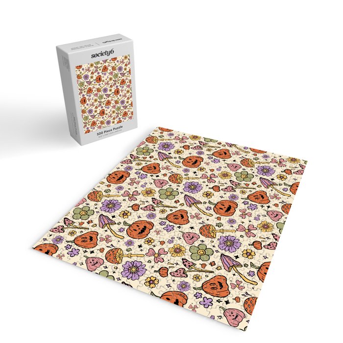 Whimsical Halloween Pattern Cute Pumpkins Mushrooms and Flowers in Pastel Autumn Colors Jigsaw Puzzle Gallery Image 2
