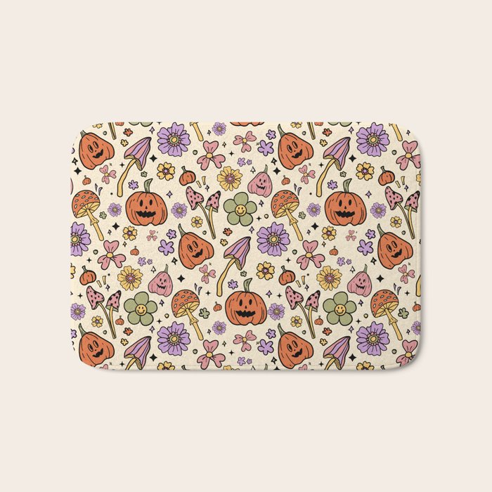 Whimsical Halloween Pattern Cute Pumpkins Mushrooms and Flowers in Pastel Autumn Colors Bath Mat Gallery Image 1