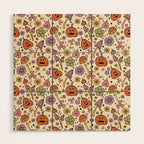 Whimsical Halloween Pattern Cute Pumpkins Mushrooms and Flowers in Pastel Autumn Colors Wood Wall Art Gallery Image 1