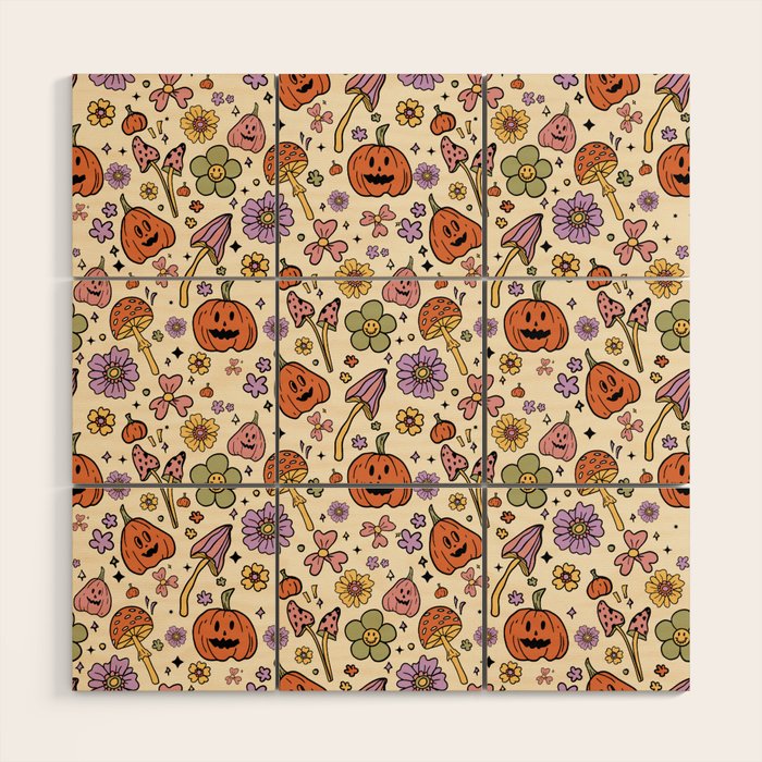 Whimsical Halloween Pattern Cute Pumpkins Mushrooms and Flowers in Pastel Autumn Colors Wood Wall Art Gallery Image 1