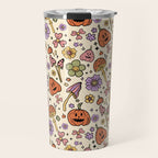 Whimsical Halloween Pattern Cute Pumpkins Mushrooms and Flowers in Pastel Autumn Colors Travel Mug Gallery Image 1