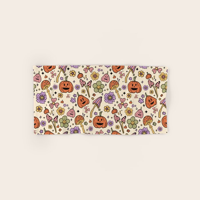 Whimsical Halloween Pattern Cute Pumpkins Mushrooms and Flowers in Pastel Autumn Colors Bath Towel Gallery Image 1