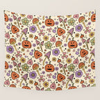Whimsical Halloween Pattern Cute Pumpkins Mushrooms and Flowers in Pastel Autumn Colors Wall Tapestry Gallery Image 4