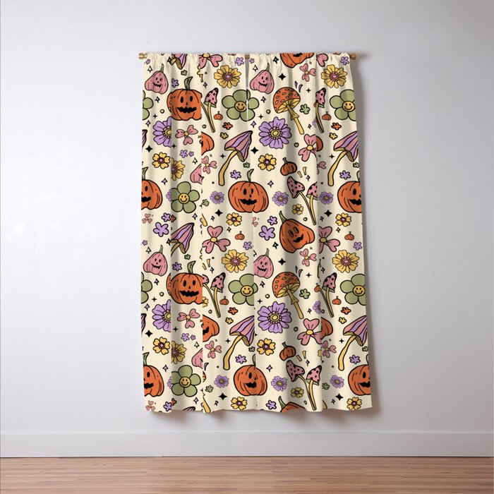 Whimsical Halloween Pattern Cute Pumpkins Mushrooms and Flowers in Pastel Autumn Colors Window Curtain Gallery Image 3