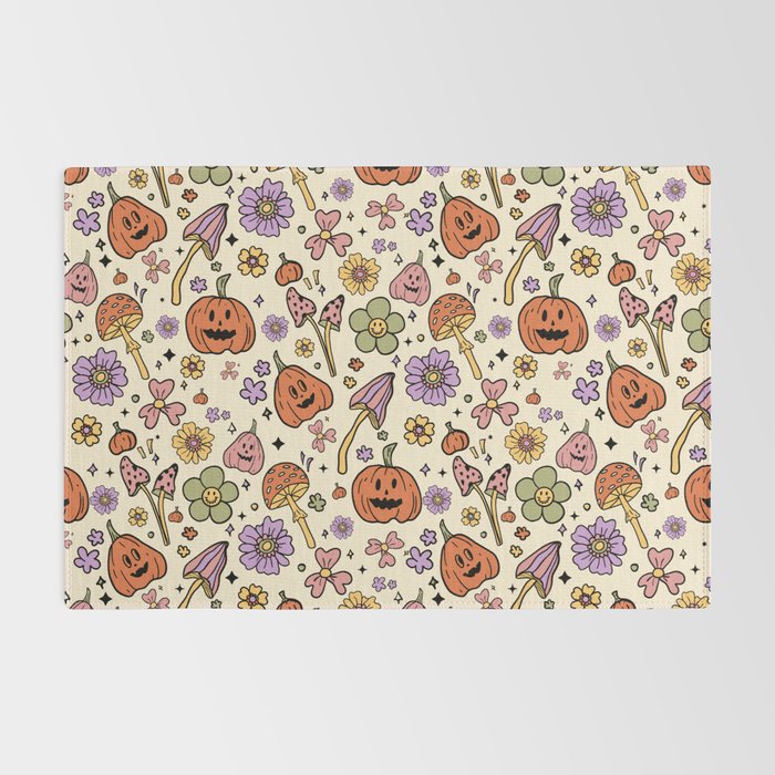 Whimsical Halloween Pattern Cute Pumpkins Mushrooms and Flowers in Pastel Autumn Colors Rug Gallery Image 2