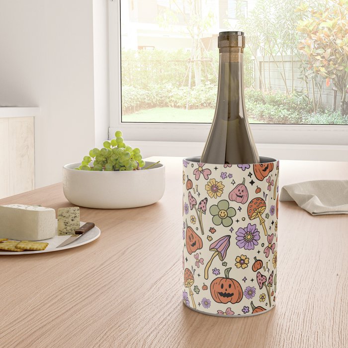 Whimsical Halloween Pattern Cute Pumpkins Mushrooms and Flowers in Pastel Autumn Colors Wine Chiller Gallery Image 4