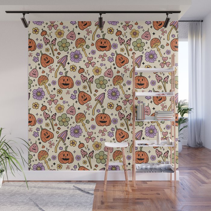 Whimsical Halloween Pattern Cute Pumpkins Mushrooms and Flowers in Pastel Autumn Colors Wall Mural Gallery Image 1