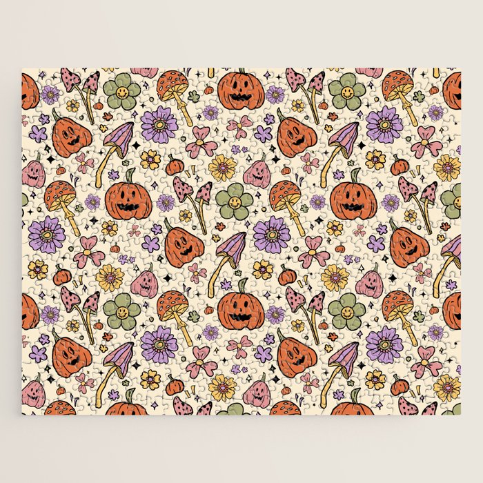 Whimsical Halloween Pattern Cute Pumpkins Mushrooms and Flowers in Pastel Autumn Colors Jigsaw Puzzle Gallery Image 1