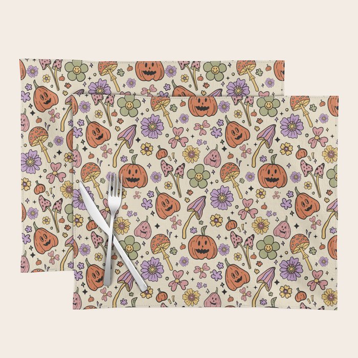 Whimsical Halloween Pattern Cute Pumpkins Mushrooms and Flowers in Pastel Autumn Colors Placemat Gallery Image 1