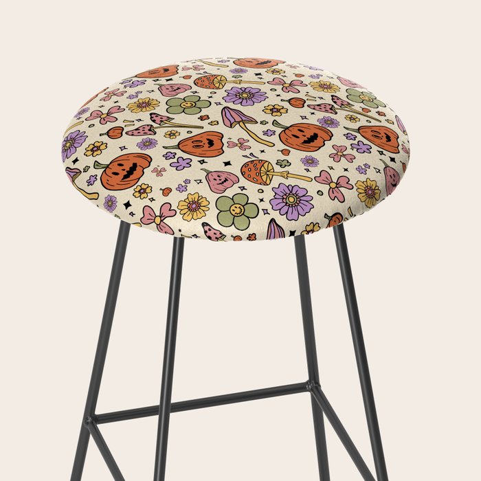 Whimsical Halloween Pattern Cute Pumpkins Mushrooms and Flowers in Pastel Autumn Colors Stool Gallery Image 2