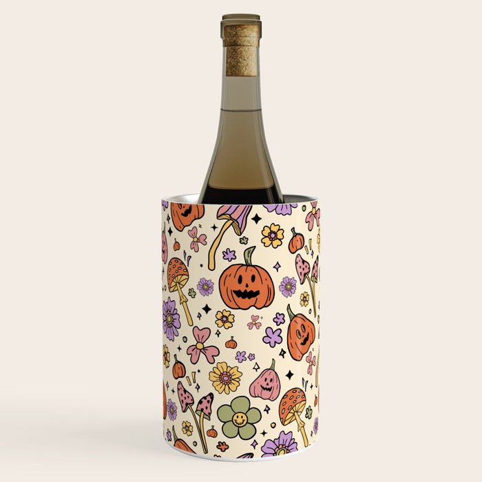 Whimsical Halloween Pattern Cute Pumpkins Mushrooms and Flowers in Pastel Autumn Colors Wine Chiller Gallery Image 2