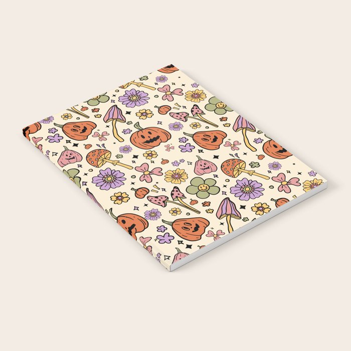 Whimsical Halloween Pattern Cute Pumpkins Mushrooms and Flowers in Pastel Autumn Colors Notebook Gallery Image 1