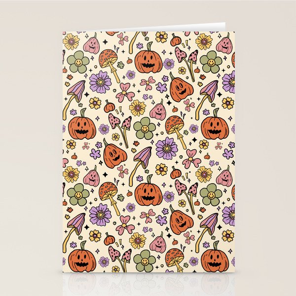Whimsical Halloween Pattern Cute Pumpkins Mushrooms and Flowers in Pastel Autumn Colors Stationery Card Gallery Image 1