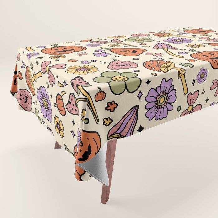Whimsical Halloween Pattern Cute Pumpkins Mushrooms and Flowers in Pastel Autumn Colors Tablecloth Gallery Image 1