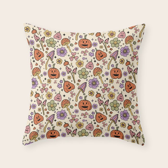 Whimsical Halloween Pattern Cute Pumpkins Mushrooms and Flowers in Pastel Autumn Colors Throw Pillow Gallery Image 6