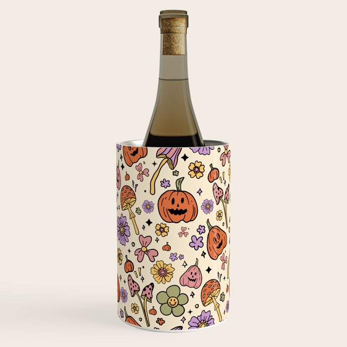 Whimsical Halloween Pattern Cute Pumpkins Mushrooms and Flowers in Pastel Autumn Colors Wine Chiller Gallery Image 3