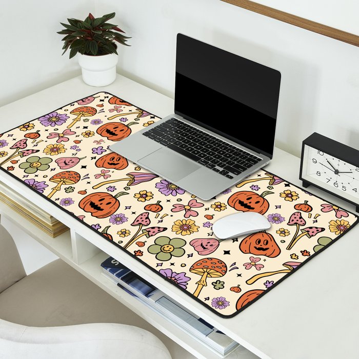 Whimsical Halloween Pattern Cute Pumpkins Mushrooms and Flowers in Pastel Autumn Colors Desk Mat Gallery Image 2