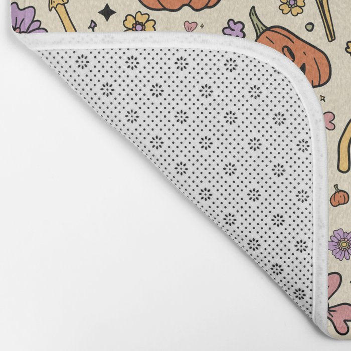 Whimsical Halloween Pattern Cute Pumpkins Mushrooms and Flowers in Pastel Autumn Colors Bath Mat Gallery Image 2