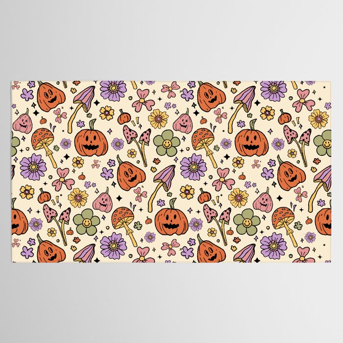 Whimsical Halloween Pattern Cute Pumpkins Mushrooms and Flowers in Pastel Autumn Colors Tablecloth Gallery Image 2