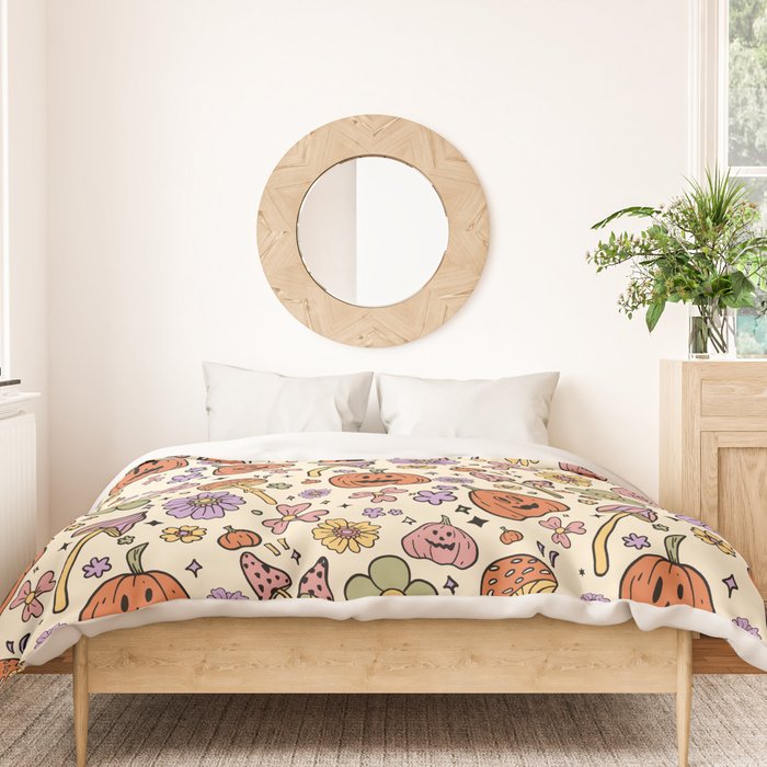 Whimsical Halloween Pattern Cute Pumpkins Mushrooms and Flowers in Pastel Autumn Colors Duvet Cover Gallery Image 3