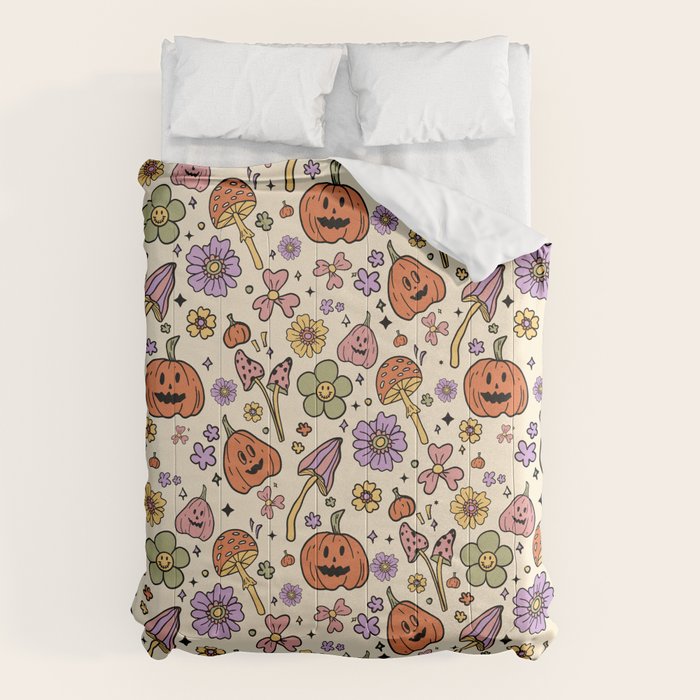 Whimsical Halloween Pattern Cute Pumpkins Mushrooms and Flowers in Pastel Autumn Colors Comforter Gallery Image 1
