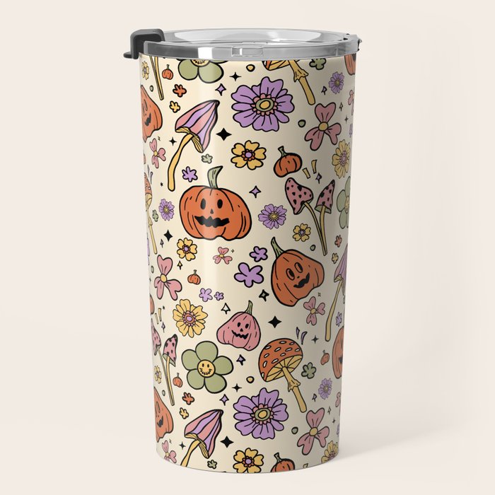 Whimsical Halloween Pattern Cute Pumpkins Mushrooms and Flowers in Pastel Autumn Colors Travel Mug Gallery Image 3