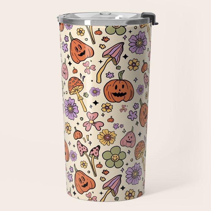 Whimsical Halloween Pattern Cute Pumpkins Mushrooms and Flowers in Pastel Autumn Colors Travel Mug Gallery Image 2
