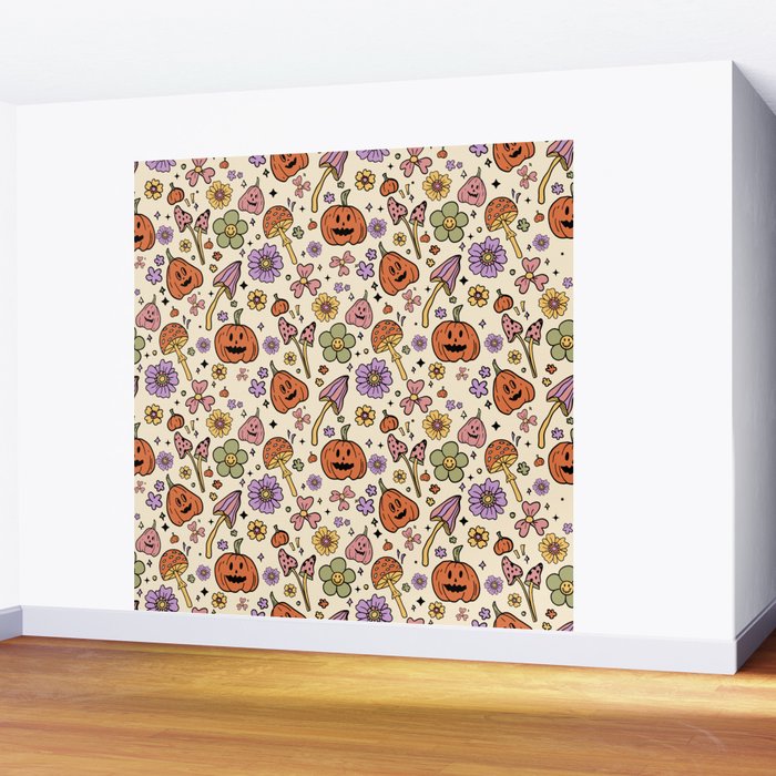 Whimsical Halloween Pattern Cute Pumpkins Mushrooms and Flowers in Pastel Autumn Colors Wall Mural Gallery Image 2