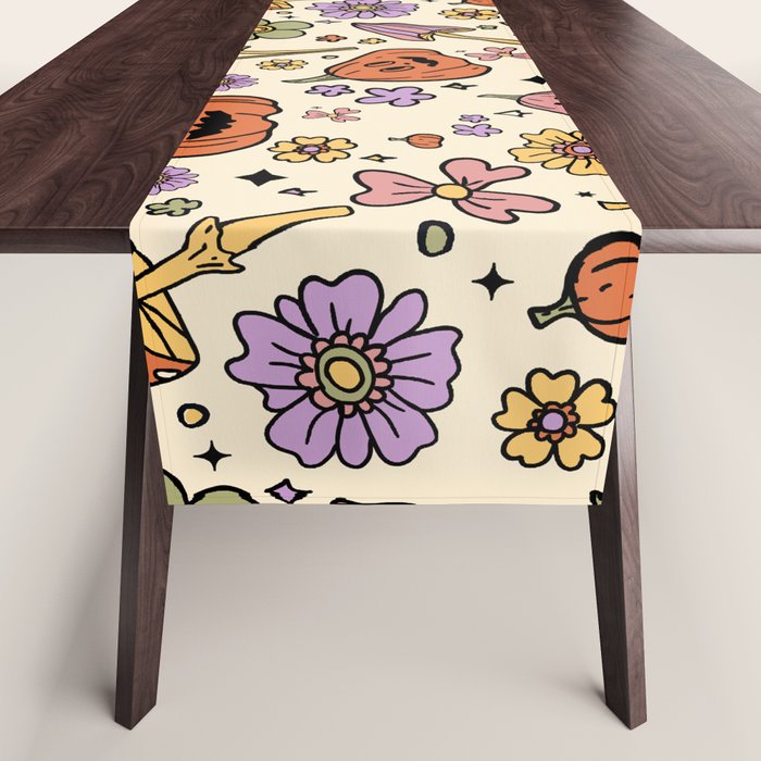 Whimsical Halloween Pattern Cute Pumpkins Mushrooms and Flowers in Pastel Autumn Colors Table Runner Gallery Image 1