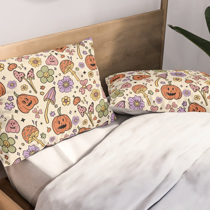 Whimsical Halloween Pattern Cute Pumpkins Mushrooms and Flowers in Pastel Autumn Colors Pillow Sham Gallery Image 2