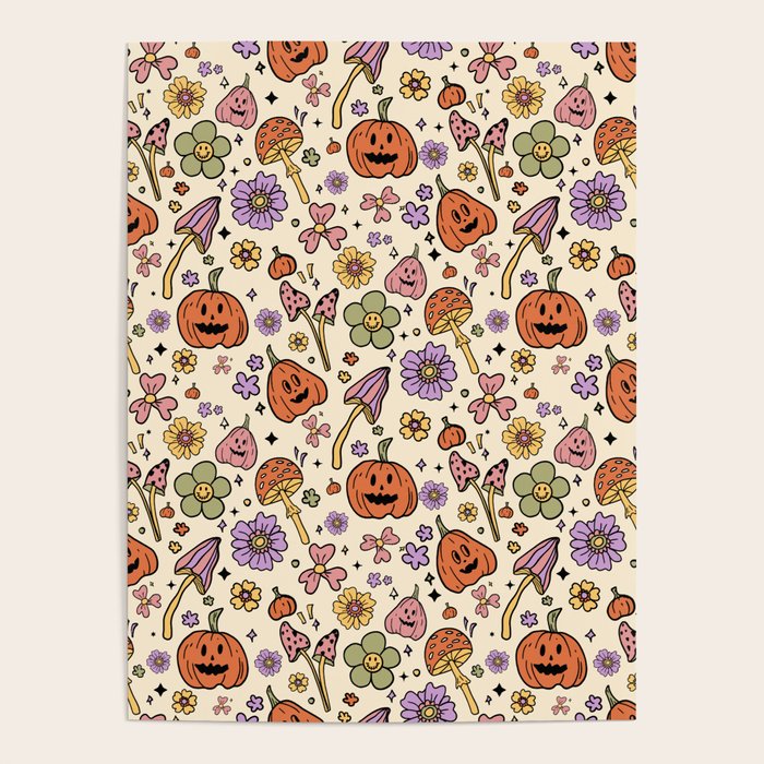 Whimsical Halloween Pattern Cute Pumpkins Mushrooms and Flowers in Pastel Autumn Colors Poster Gallery Image 1