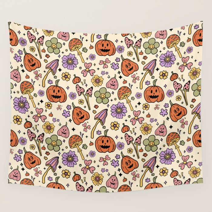 Whimsical Halloween Pattern Cute Pumpkins Mushrooms and Flowers in Pastel Autumn Colors Wall Tapestry Gallery Image 1
