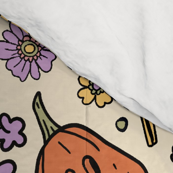 Whimsical Halloween Pattern Cute Pumpkins Mushrooms and Flowers in Pastel Autumn Colors Comforter Gallery Image 4